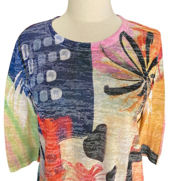 Jess & Jane Burnout Artsy Shirt Abstract Colorful Floral Lagenlook Maximalism-M - Picture 2 of 12
